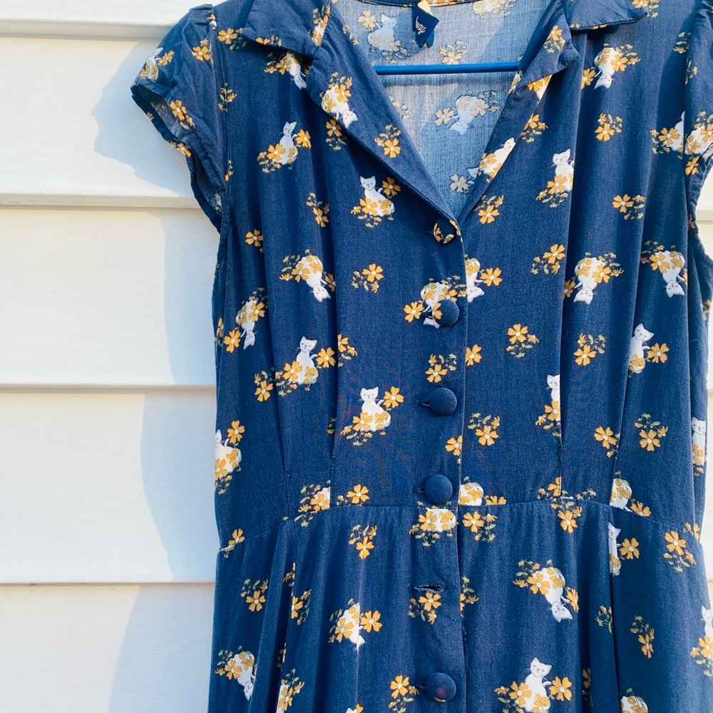 Floral Cat Print Blue Dress